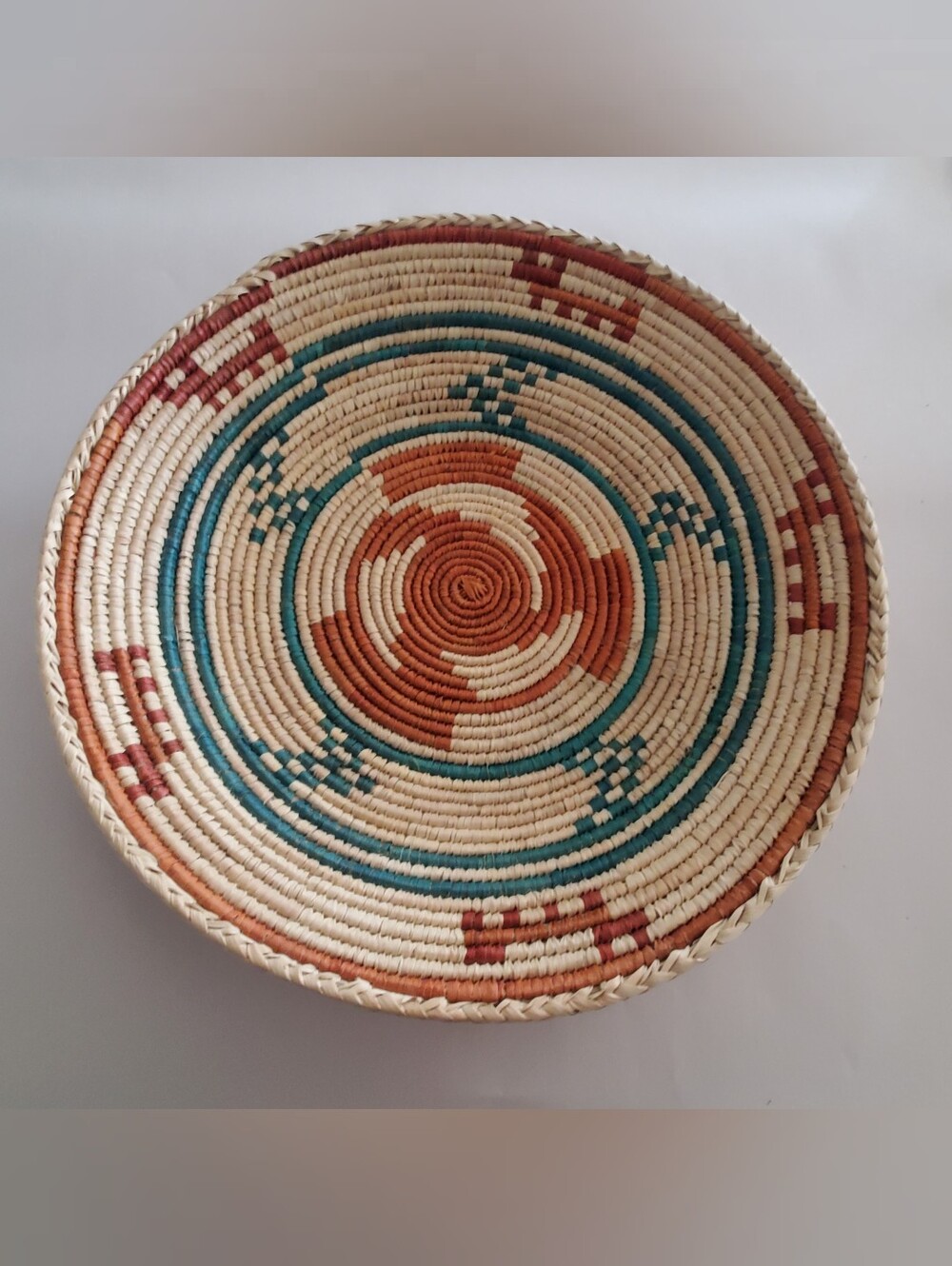 HAND WOVEN BASKET. CATCH ALL . WALL DECO. BLUE ORANGE. SOUTHWEST. AZTEC